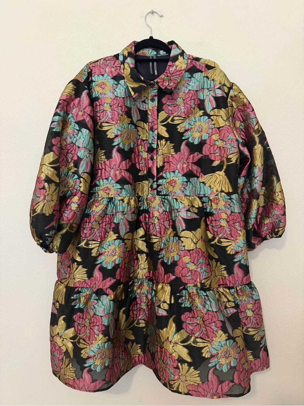 Anthropologie Bettina Tiered Jacquard Mini Dress XL Floral Feminine Oversized